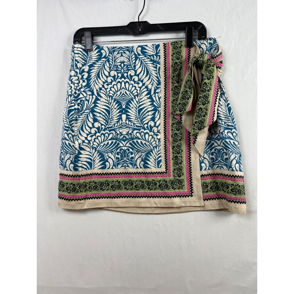Loft Faux Wrap Mini Skirt Womens 8 Blue White Green Damask Floral Side Tie Sash